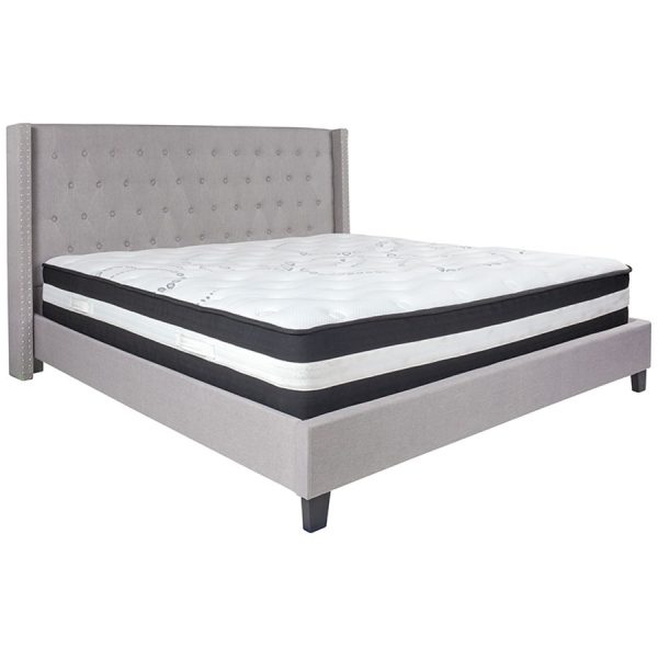 Riverdale Tufted Upholstered Platform Bed in Light Gray Fabric with Pocket Spring Mattress